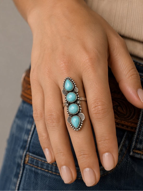 925 Sterling Silver Jewelry - Larimar Turquoise Four Stone 925 Sterling Silver Adjustable Ring - Women Jewelry